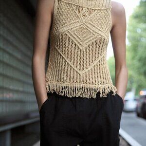 Zara Metallic Crochet Sleeveless Top with Fringe- NWOT